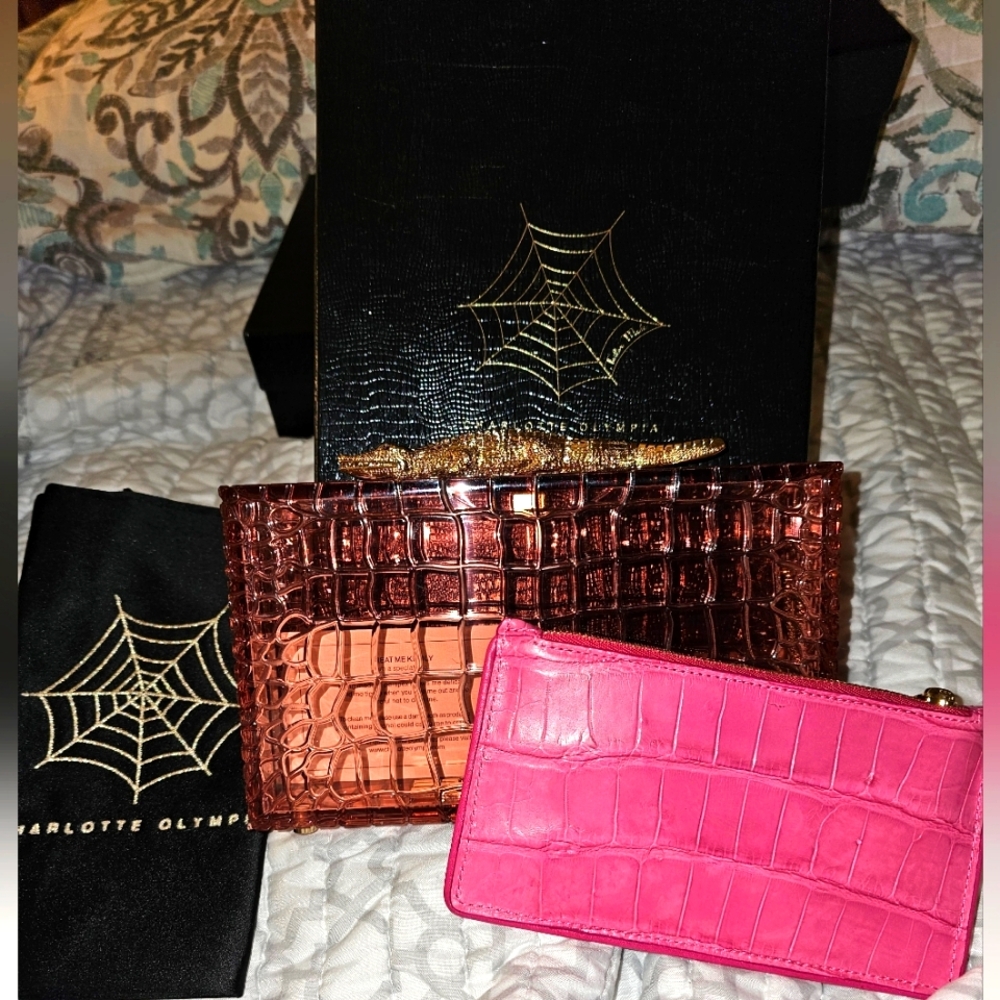 Charlotte Olympia Snappy Pandora Pink Crocodile Skin Clutch